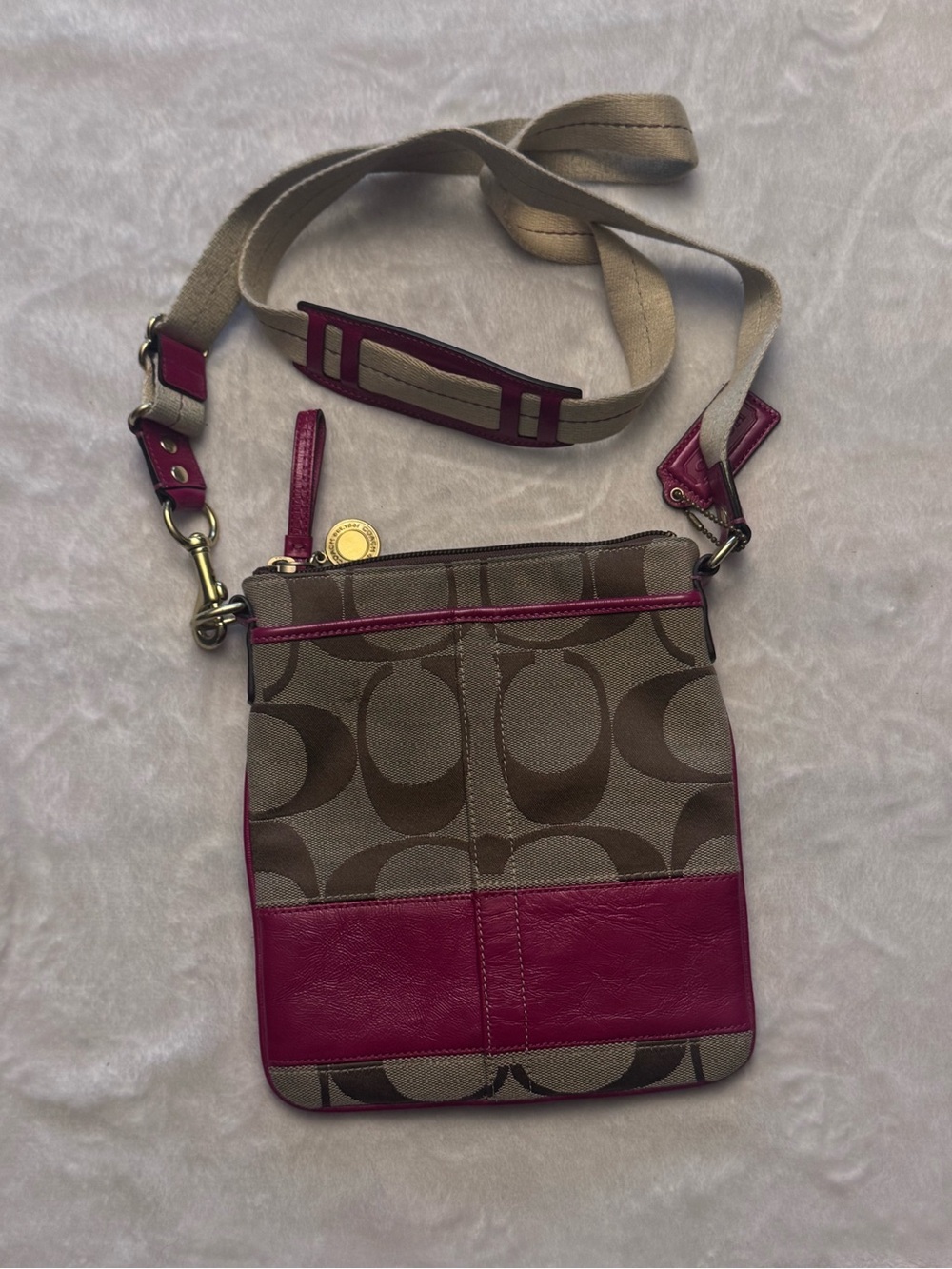 Coach Brown Signature Crossbody with Pink Trim